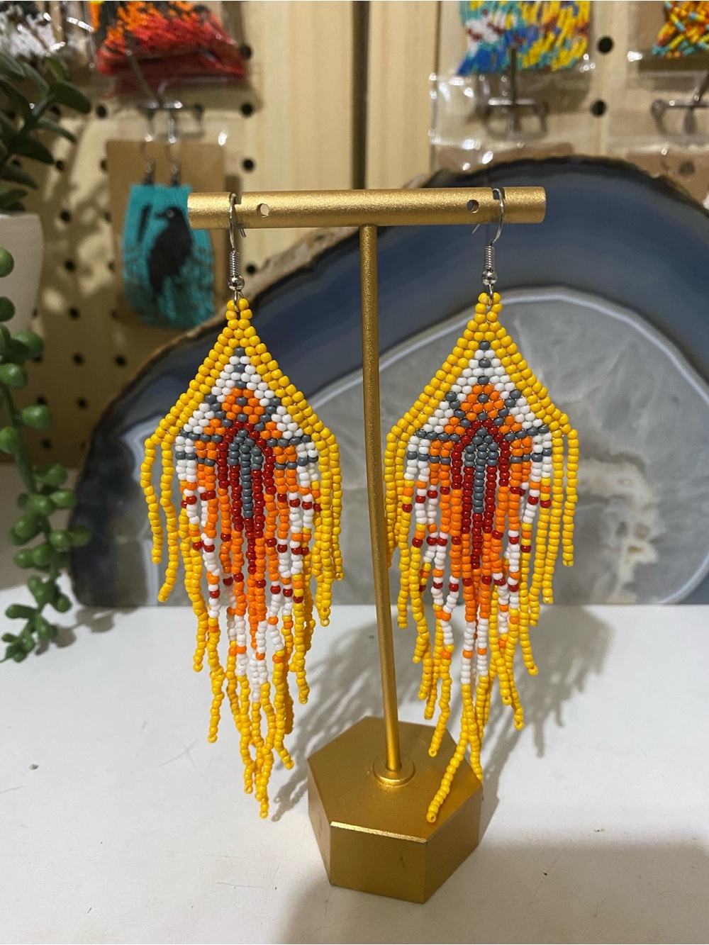 Yellow Fringe Beaded Statement Earrings